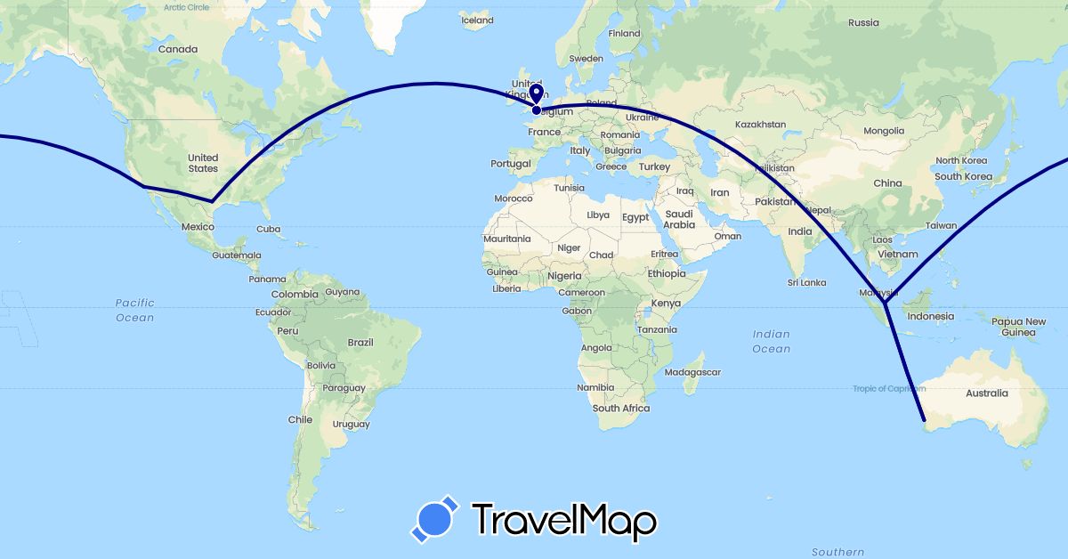 TravelMap itinerary: driving in Australia, United Kingdom, Singapore, United States (Asia, Europe, North America, Oceania)